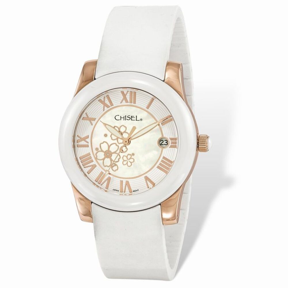 Chisel Ladies Rose IP-plated Floral Dial White Strap Watch